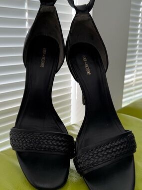 Pour La Victoire Black Braided-Strap Ankle-Heel Sandals